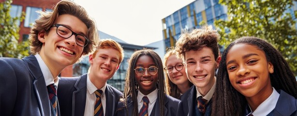 The Smiling Students Group On Campus Outdoors In Uniforms And Friendship