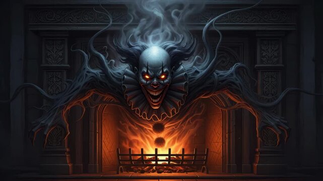 Nightmare Clown Emerging From Fireplace Horror Scene Animated Wallpaper Background