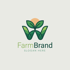 Farm logo design with green leaves and sunrise for agriculture, organic products, and eco branding