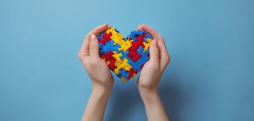 The Heart Made of Colorful Puzzle Pieces Held in Caring Hands Over Blue Background