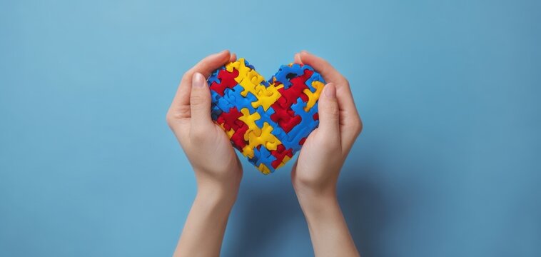 The Heart Made of Colorful Puzzle Pieces Held in Caring Hands Over Blue Background