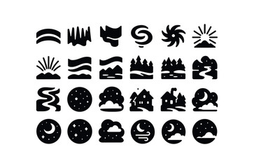 vector solid black filled icons Northern Lights (Scenes) arc, curtain, wave, ribbon, streak, spiral, twist, corona, burst, ray, fan, sky, sweep, horizon, glow, mountain, forest, lake, river.