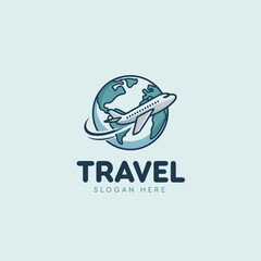 Travel logo design with airplane flying around globe for tourism, vacation, and adventure branding
