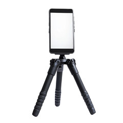 Smartphone perched atop a miniature tripod, isolated on pristine white background
