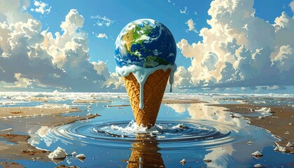 Global Warming Concept: Earth as Ice Cream Cone Melting in a Surreal Scene