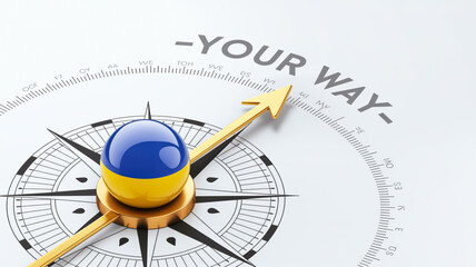 Fototapeta premium A 3D rendered compass illustration with a Ukrainian flag-colored sphere as the center piece. The sphere is blue and yellow, matching the Ukrainian flag's colors.