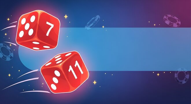 Two red dice with seven and eleven floating over a blue and purple background with casino chips