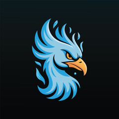 Eagle logo design with bold blue feathers and sharp beak for sports, mascot, and strong branding