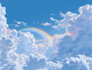Stunning rainbow arcs through a vibrant blue sky filled with majestic, sunlit clouds, evoking hope and wonder
