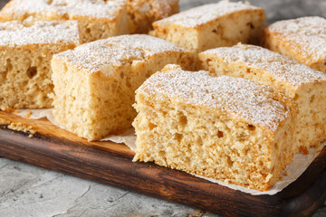 Fluffy sponge Applesauce cake with ginger sprinkled with powdered sugar close-up on a wooden board on the table. Horizontal