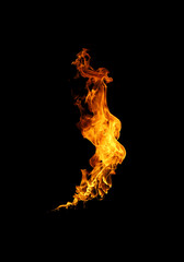 Realistic vertical fire flame isolated on black background. Ideal for digital art, motion graphics, and photo compositing. Perfect visual for themes of heat, energy, danger, or transformation. © loechai