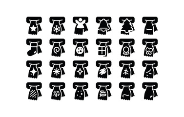 Obraz premium vector solid black filled icons Scarves (Decorations) scarf, star, snow, angel, bell, tree, wreath, stocking, candy, cookie, gift, ribbon.