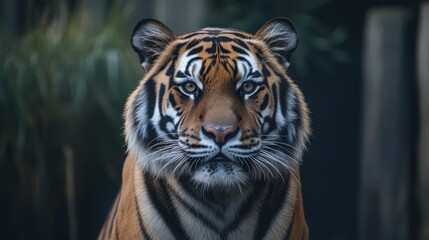 23.A fierce and captivating close-up of a tiger's face, its intense gaze sharp and focused, set against a solid black backdrop that emphasizes the vibrant orange and black stripes of its fur