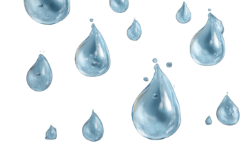 Many translucent water droplets falling