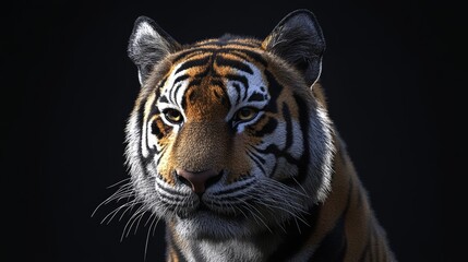 Fototapeta premium 24.A striking, high-contrast portrait of a tiger, with its face perfectly illuminated against the dark background, every stripe on its fur and detail in its facial expression captured with incredible