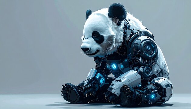 Futuristic Robotic Panda: A Fusion of Nature and Technology on a Gray Background