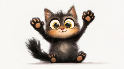 52.A playful illustration of a cute cat character with oversized eyes, sitting upright and playfully waving its paws. The cat has a fluffy tail, soft fur, and a cheerful expression, perfect for