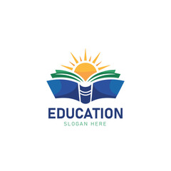 Education logo design with open book and sunrise for school, university, and learning branding