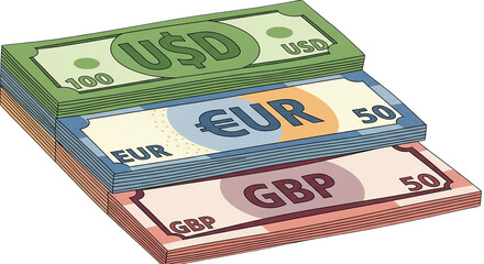 Stacked global currencies like the US Dollar, Euro, and British Pound, showcasing the foundational elements of international finance and economic prosperity