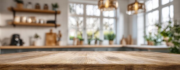 The Wooden Table in a Bright Rustic Kitchen with Natural Light and Plants