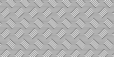 Seamless black and white geometric pattern with wavy parallel lines creating abstract shapes.