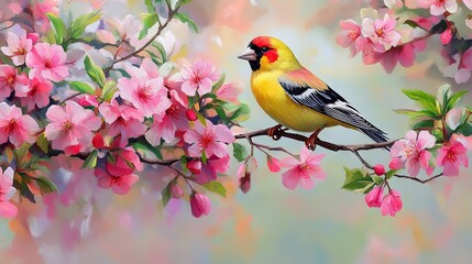 Fototapeta premium 74.A beautiful spring scene featuring a single goldfinch on a branch covered in vibrant blossoms, with the birdâ€™s distinctive markings highlighted against the soft, colorful background of the