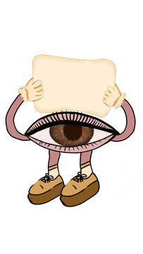 A surreal illustration of a single human-like eye with arms and legs and holding a blank sign