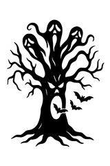 Haunted Tree with Ghostly Faces, Spooky Silhouette with Bats