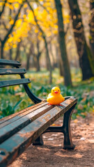 Yellow Rubber Duck Sitting on a Park Bench in Autumn. Childhood Plaything, Seasonal Nostalgia.