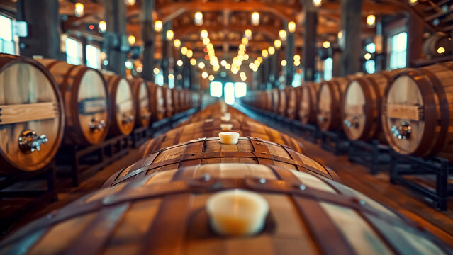Bourbon Barrels Aging in a Rustic Distillery. Whiskey Production, Vintage Craft, Alcohol Industry.