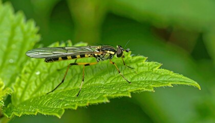 Macro shot yellow-black hoverfly on a green leaf!