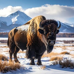 Majestic bison in a snowy mountain landscape