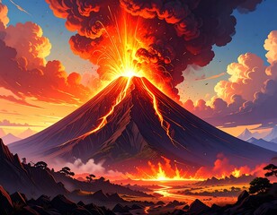 Majestic illustration of an erupting volcano, hot lava flowing