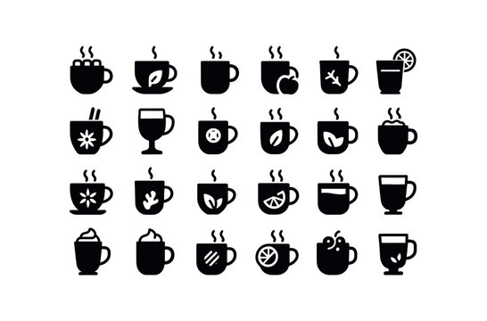 vector solid black filled icons Hot Drinks (Types) hot, cocoa, tea, coffee, cider, punch, mulled, wine, egg, nog, spiced, milk, chai, latte, ginger, herbal, mint, caramel, cocoa.