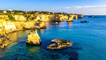 Coastal view of a stunning Italian landscape with dramatic cliffs and crystal-clear turquoise waters under a clear blue sky