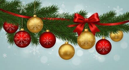 Festive Christmas greeting card with fir branches and ornaments