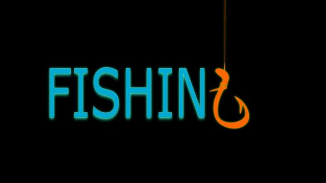 Animated text "FISHING" with an orange hook, representing leisure and outdoor activity.