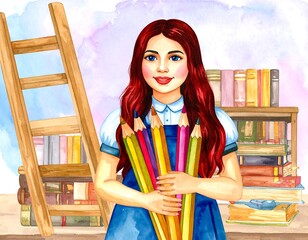 Watercolor girl with crayons and books