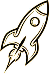 Stylized Rocket Ship Illustration with Fiery Exhaust.