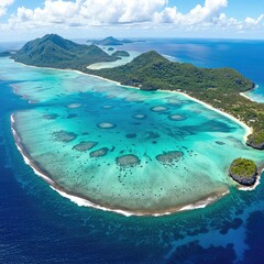 Golden sunset over a tropical island coastline with turquoise waters and lush green vegetation.