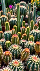 Fototapeta premium A diverse collection of cacti thrives in a botanical garden setting, showcasing various shapes, sizes, and textures, stock photo, plant, wildlife