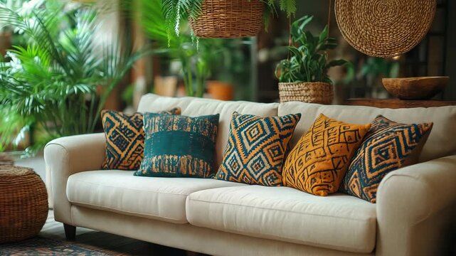 A serene bohemian living space features a plush beige sofa adorned with vibrant, patterned cushions. Lush greenery and woven baskets enhance the warm, inviting atmosphere.