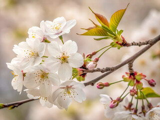 Obraz premium Beautiful Blooming Cherry Blossom Branch in Soft Focus Background