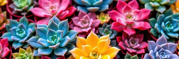 Obraz premium Close-up view of a vibrant mix of echeveria succulents, showcasing their diverse textures and colors, close-up, vibrant, variety