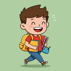 Joyful cartoon student walking to school with backpack and books, eager for education