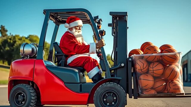 A man in a santa claus suit driving a forklift with a basket full of basketballs