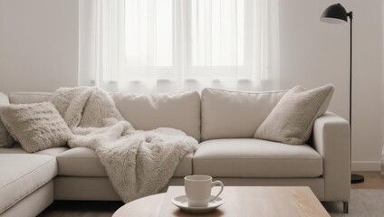 Modern minimalist living room interior with natural light