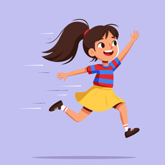 Joyful cartoon girl running with energy. Happy child in motion, smiling and jumping, depicting playful childhood activity and speed.