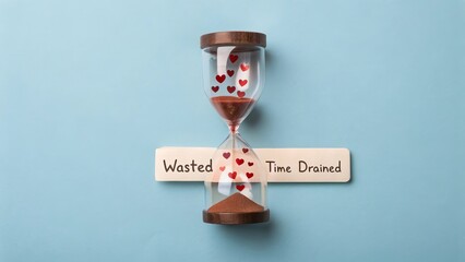 Hourglass with hearts symbolizing wasted time drained