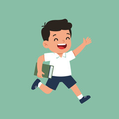 Happy schoolboy running with a book, waving. Cheerful student illustration for education and childhood.